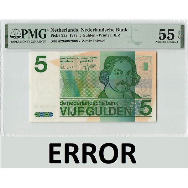 Netherlands 5 Gulden 1973 Error Excessive Presence of Yellow Ink Vondel Pick 95 PMG About UNC 55 EPQ