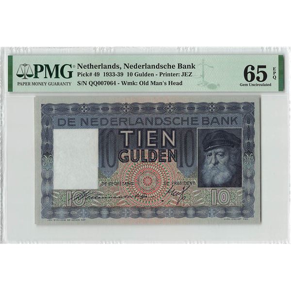 Netherlands 10 Gulden 1938 Grijsaard Pick 49 PMG Gem Uncirculated 65 EPQ