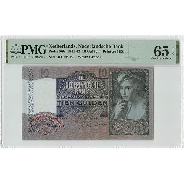 Netherlands 10 Gulden 1942 Girl with Grapes Pick 56b PMG Gem Uncirculated 65 EPQ