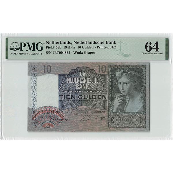Netherlands 10 Gulden 1942 Girl with Grapes Pick 56b PMG Choice Uncirculated 64