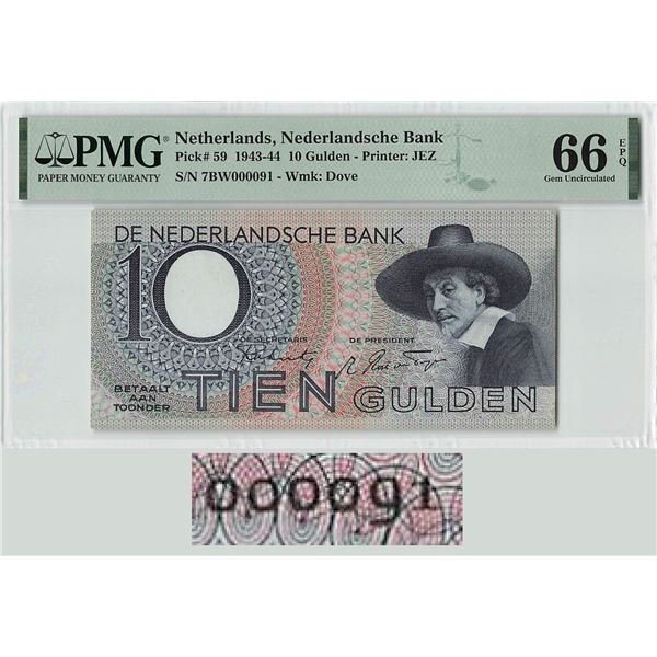 Netherlands 10 Gulden 1944 Low Serial Number 000091! Staalmeester Pick 59 PMG Gem UNC 66 EPQ