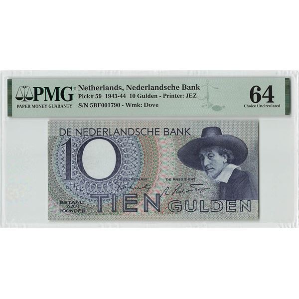 Netherlands 10 Gulden 1943 Staalmeester Pick 59 PMG Choice UNC 64