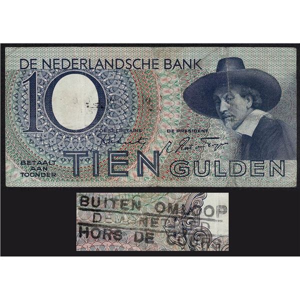 Netherlands 10 Gulden 1943 Violet Error Color + Buiten Omloop Gesteld Stempel / Cancelled Stamp Staa