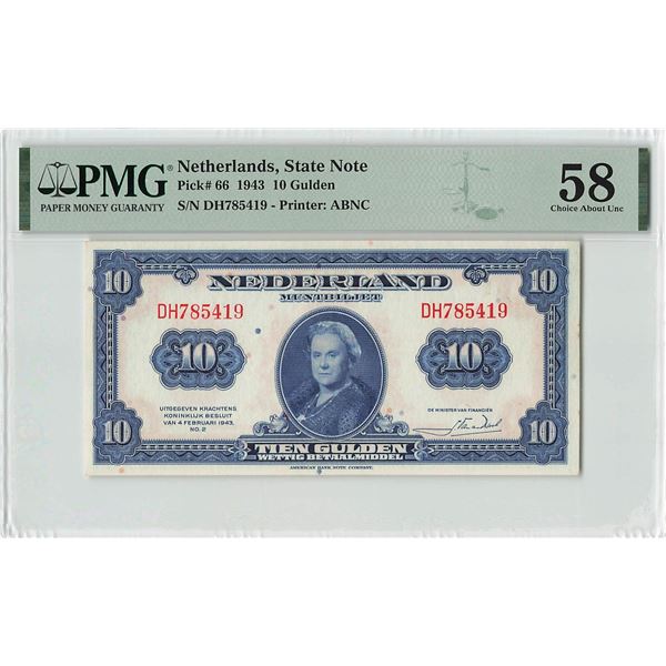 Netherlands 10 Gulden 1943 ABNC State Note Pick 66 PMG Choice About UNC 58