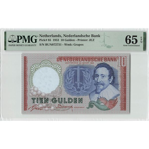 Netherlands 10 Gulden 1953 Hugo de Groot Pick 85 PMG Gem Uncirculated 65 EPQ