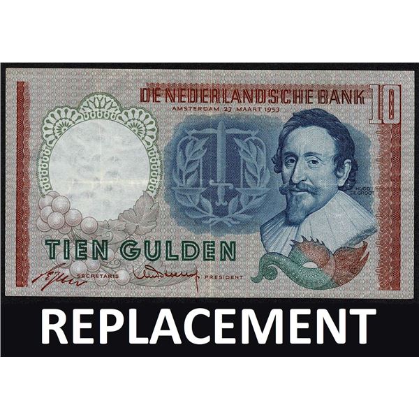 Netherlands 10 Gulden 1953 Replacement Hugo de Groot Pick 85