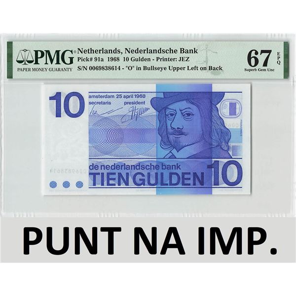 Netherlands 10 Gulden 1968 Punt na IMP. Frans Hals PL47.a1 Bullseye Pick 91a PMG Superb Gem UNC 67 E
