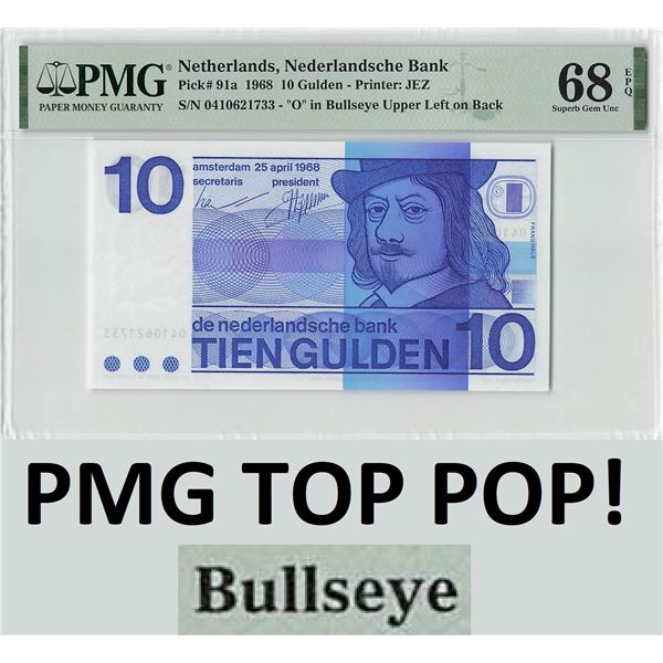 Netherlands 10 Gulden 1968 'Bullseye' Frans Hals Pick 91a PMG Superb Gem UNC 68 EPQ TOP POP