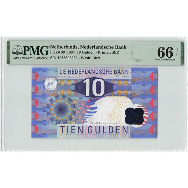 Netherlands 10 Gulden 1997 IJsvogel Pick 99 PMG Gem Uncirculated 66 EPQ