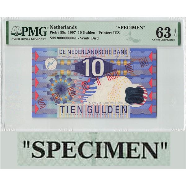 Netherlands 10 Gulden 1997 Specimen Pick 99s PMG Choice Uncirculated 63 EPQ