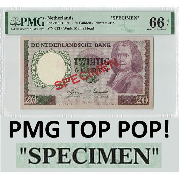 Netherlands 20 Gulden 1955 Specimen Boerhaave Pick 86s PMG Gem UNC 66 EPQ TOP POP