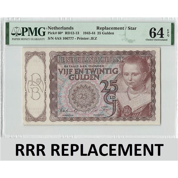 Netherlands 25 Gulden 1944 RRR Replacement Princess Pick 60 PMG Choice UNC 64 EPQ