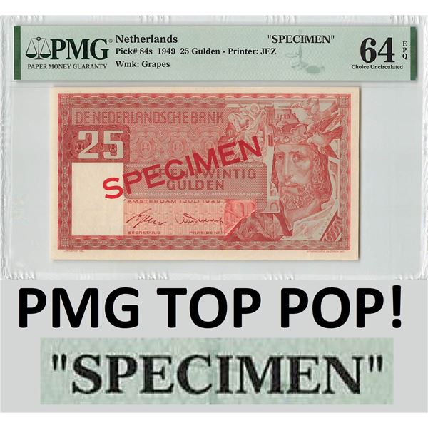 Netherlands 25 Gulden 1949 Specimen King Solomon Pick 84s PMG Choice UNC 64 EPQ TOP POP