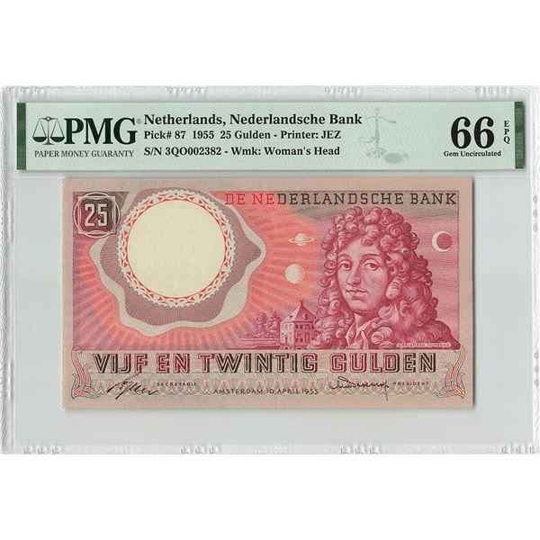 Netherlands 25 Gulden 1955 C. Huygens Pick 87 PMG Gem Uncirculated 66 EPQ