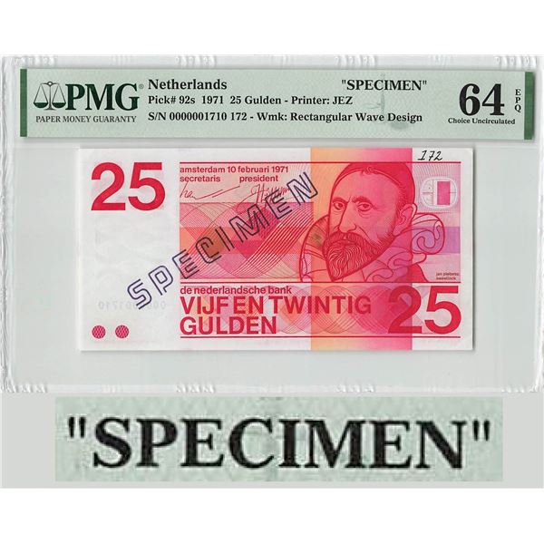 Netherlands 25 Gulden 1971 Specimen Sweelinck Pick 92s PMG Choice UNC 64 EPQ