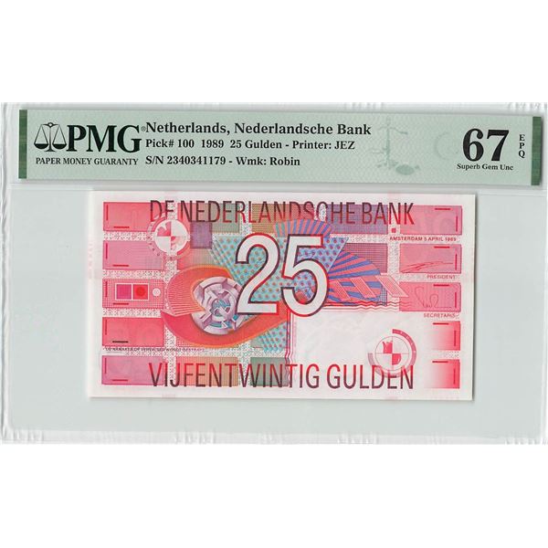 Netherlands 25 Gulden 1989 Robin Redbreast Pick 100 PMG Superb Gem UNC 67 EPQ