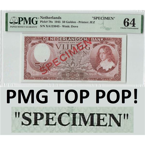 Netherlands 50 Gulden 1945 Specimen Pick 78s PMG Choice Uncirculated 64 TOP POP