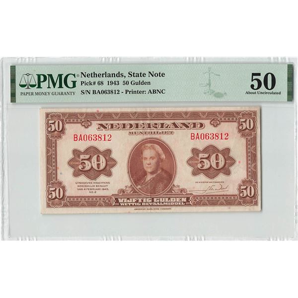 Netherlands 50 Gulden 1943 State Note ABNC Pick 68 PMG About UNC 50