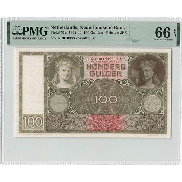 Netherlands 100 Gulden 1944 JEZ Pick 51c PMG Gem Uncirculated 66 EPQ