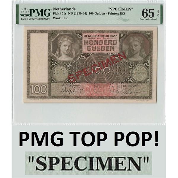 Netherlands 100 Gulden 1968 Specimen JEZ Pick 51s PMG Gem Uncirculated 65 EPQ TOP POP