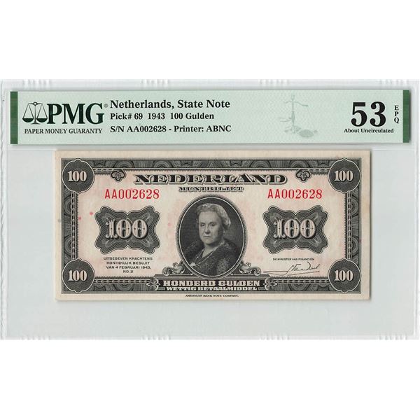 Netherlands 100 Gulden 1943 State Note ABNC Pick 69 PMG About UNC 53 EPQ