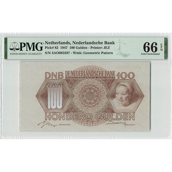 Netherlands 100 Gulden 1947 A. Hollaer Pick 82 PMG Gem Uncirculated 66 EPQ