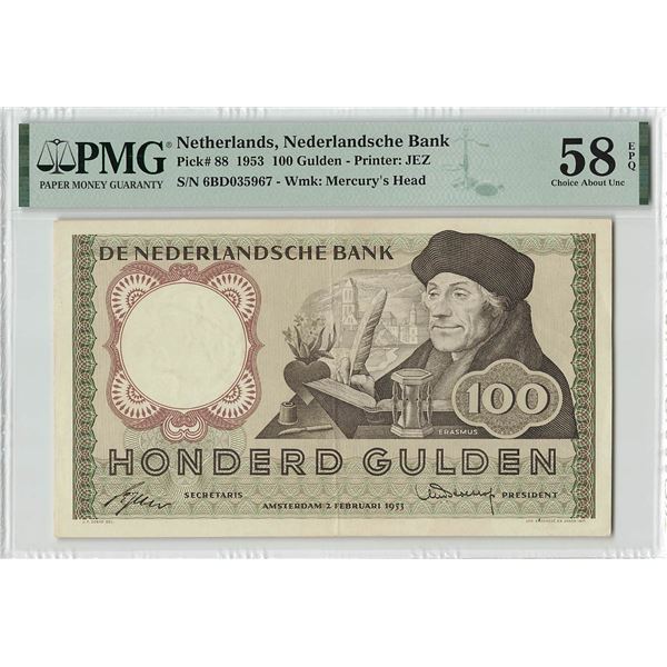 Netherlands 100 Gulden 1953 Erasmus Pick 88 PMG Choice About UNC 58 EPQ