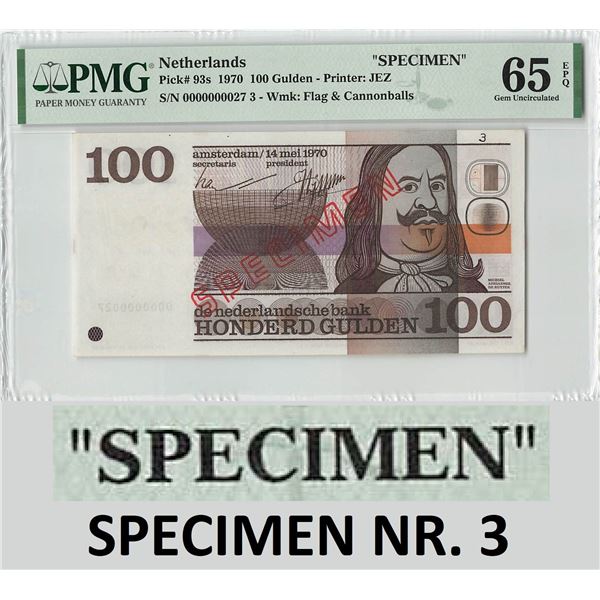 Netherlands 100 Gulden 1970 Specimen Nr. 3 Michiel de Ruyter Pick 93s PMG Gem UNC 65 EPQ