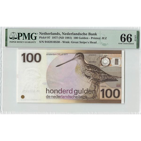 Netherlands 100 Gulden 1977 Snipe Bird Pick 97 PMG Gem UNC 66 EPQ