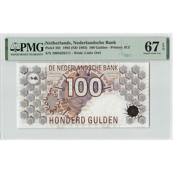 Netherlands 100 Gulden 1992 Little Owl Pick 101 PMG Superb Gem UNC 67 EPQ