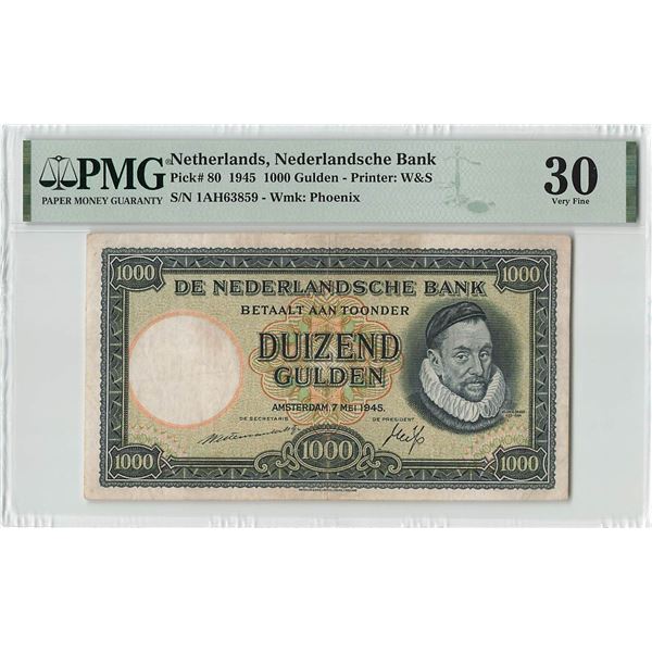 Netherlands 1000 Gulden 1945 William of Orange W&S Pick 80 PMG Very Fine 30