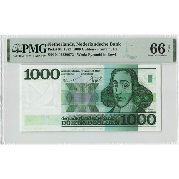 Netherlands 1000 Gulden 1972 Spinoza Pick 94 PMG Gem UNC 66 EPQ