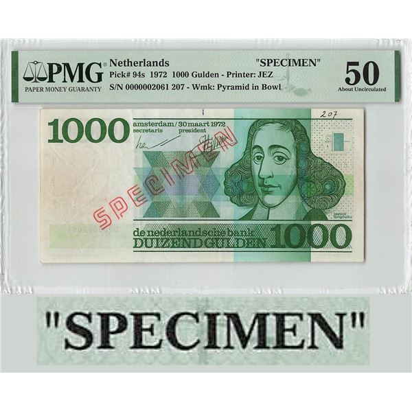 Netherlands 1000 Gulden 1972 Specimen Spinoza Pick 94s PMG About Uncirculated 50