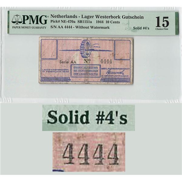 Netherlands 10 Cents 1944 Solid 4's AA w/o Watermark Lager Westerbork Gutschein (transit camp to con