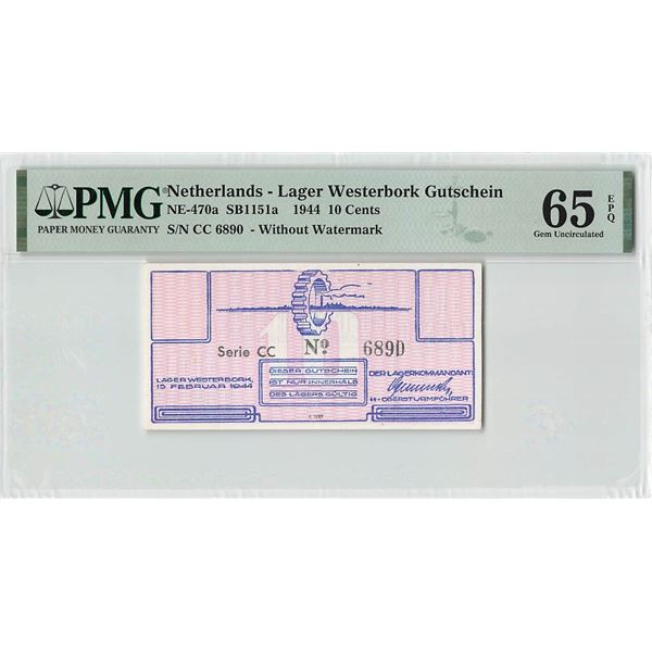 Netherlands 10 Cents 1944 CC w/o Watermark Lager Westerbork Gutschein (transit camp to concentration