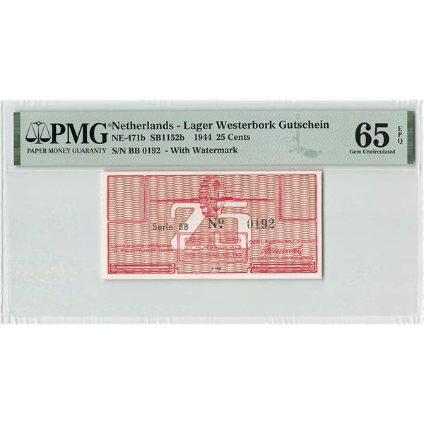 Netherlands 25 Cents 1944 BB with Watermark Lager Westerbork Gutschein (transit camp to concentratio