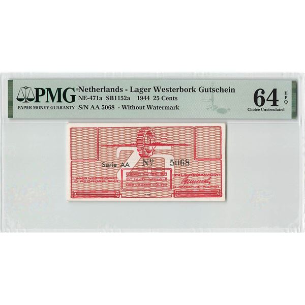 Netherlands 25 Cents 1944 AA w/o Watermark Lager Westerbork Gutschein (transit camp to concentration