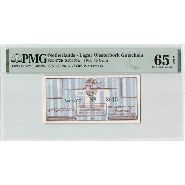 Netherlands 50 Cents 1944 CC with Watermark Lager Westerbork Gutschein (transit camp to concentratio