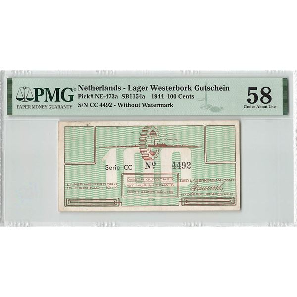 Netherlands 100 Cents 1944 CC w/o Watermark Lager Westerbork Gutschein (transit camp to concentratio