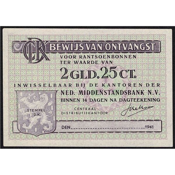 Netherlands 2¼ Gulden 1941 EF/AU Ration Coupons Reduction voucher Central Distribution Office / Redu