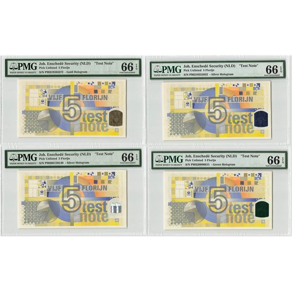 Netherlands 4x 5 Florijn 200 Euro Testnote Test Note Green / Silver / Gold / Blue Hologram PMG Gem U