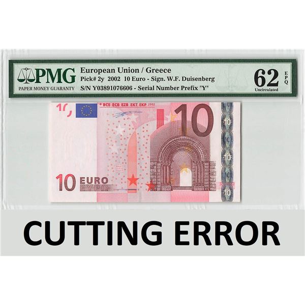 European Union 10 Euro 2002 Cutting Error Greece N002E3 Duisenberg Pick 2y PMG Uncirculated 62 EPQ