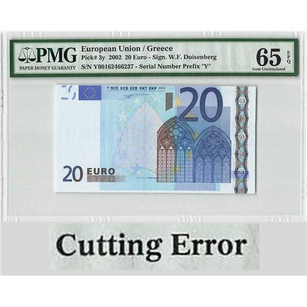 European Union 20 Euro 2002 Cutting Error Greece N001G2 Duisenberg Pick 3y PMG Gem UNC 65 EPQ