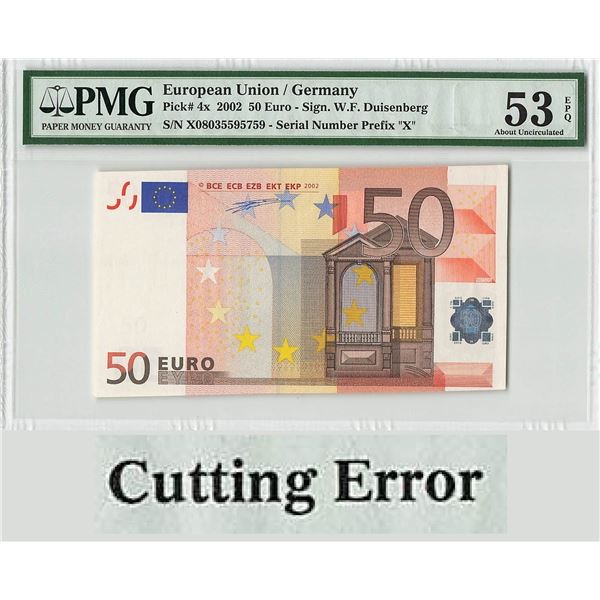 European Union 50 Euro 2002 Cutting Error Germany R015D5 Duisenberg Pick 4x PMG About UNC 53 EPQ