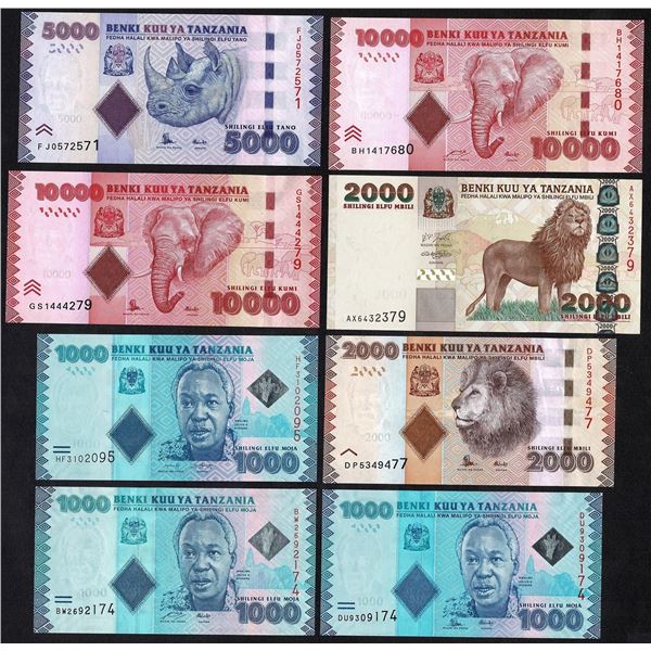 Tanzania 8x 10000 5000 2000 1000 Shilingi 2003 - 2019 Most in UNC quality!