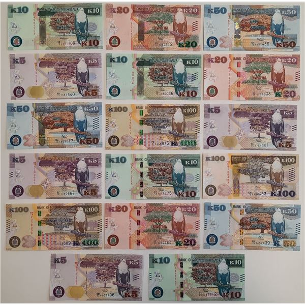 Zambia 17x 100 50 20 10 5 Kwacha 2012 - 2021 Most in UNC quality!