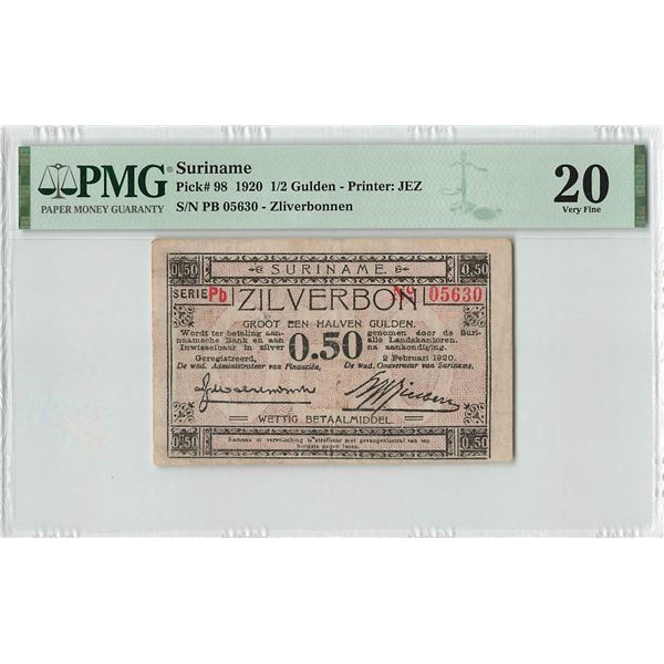 Suriname ½ Gulden 1920 02.02.0920 Pick 98 PMG Very Fine 20