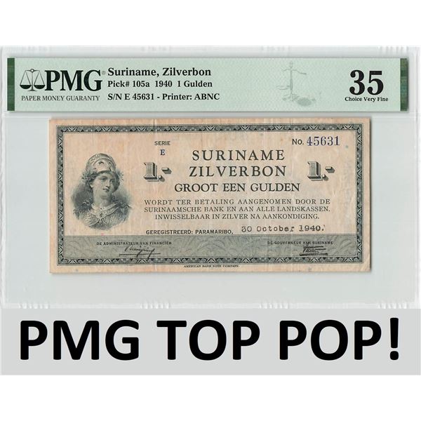 Suriname 1 Gulden 1940 ABNC 30.04.1940 Pick 105a PMG Choice Very Fine 35 TOP POP
