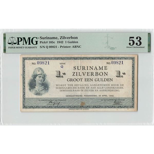 Suriname 1 Gulden 1942 ABNC 30.04.1942 Pick 105c PMG About UNC 53