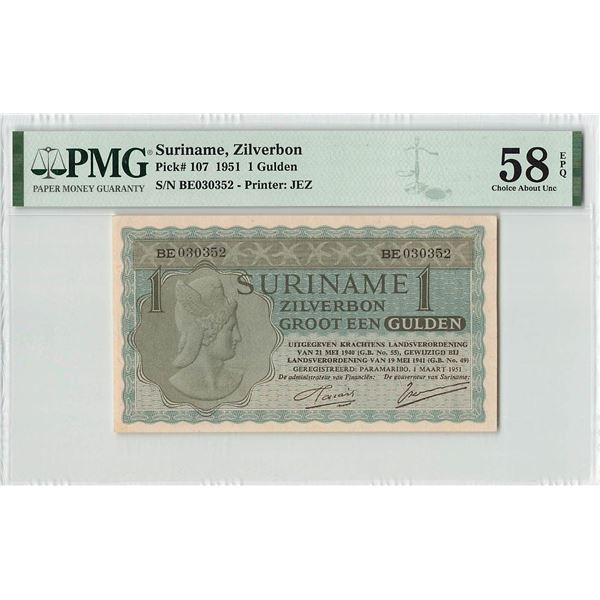 Suriname 1 Gulden 1951 JEZ Pick 107 PMG Choice About UNC 58 EPQ